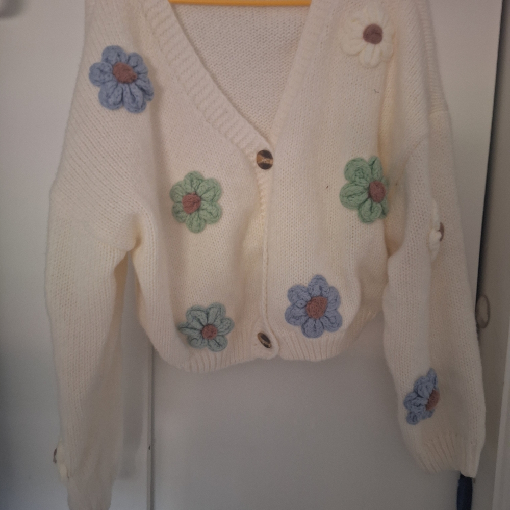 Floral Knit Women's Sweater - Cream